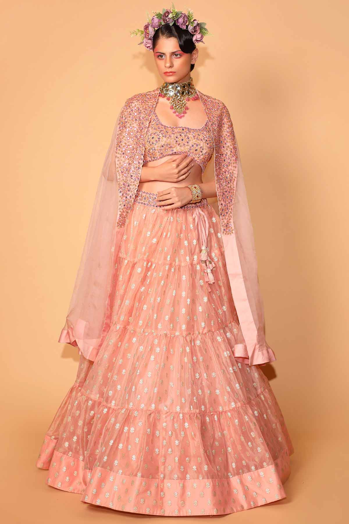 Designer Neha Khullar Peach Banarasi Embroidered Lehenga Set for Women Online